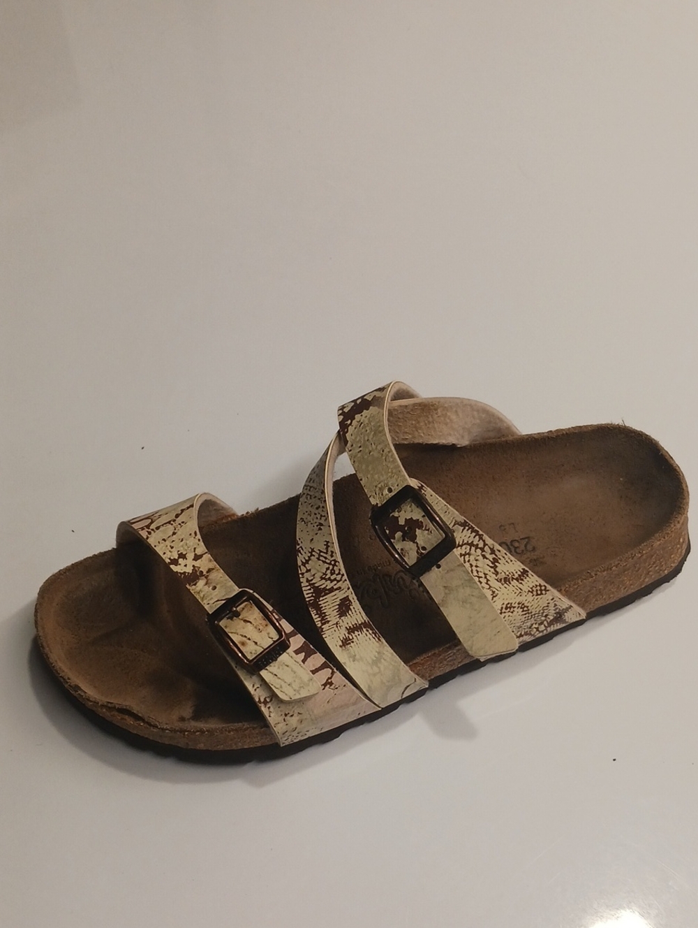 Birkenstock Snake-Python Print Slide Sandal in Beige and Brown